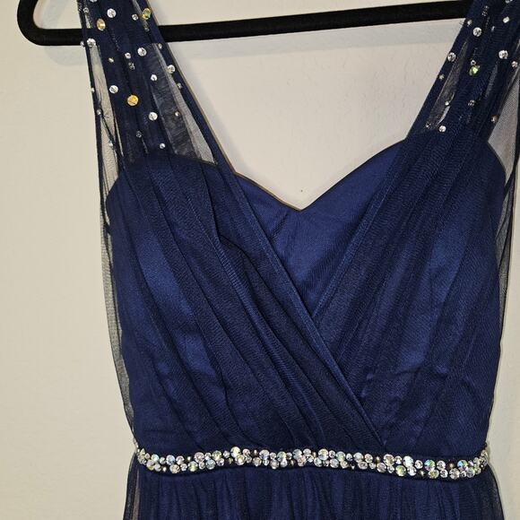 dark blue midi dress with a shiny waist-line and faded shine on shoulders - Picture 10 of 11